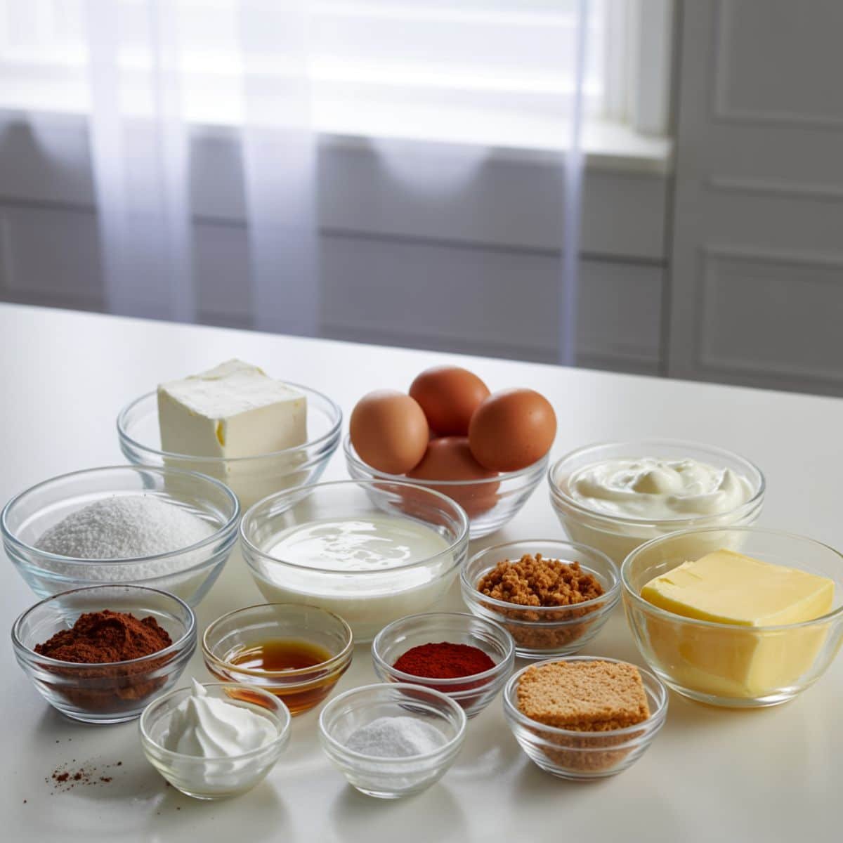ingredients.jpg
All ingredients for homemade red velvet cheesecake neatly arranged in order on a clean white kitchen counte