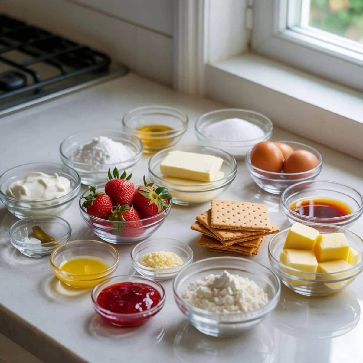 Flat lay of strawberry cheesecake cupcake ingredients arranged on a white kitchen counter in bowls