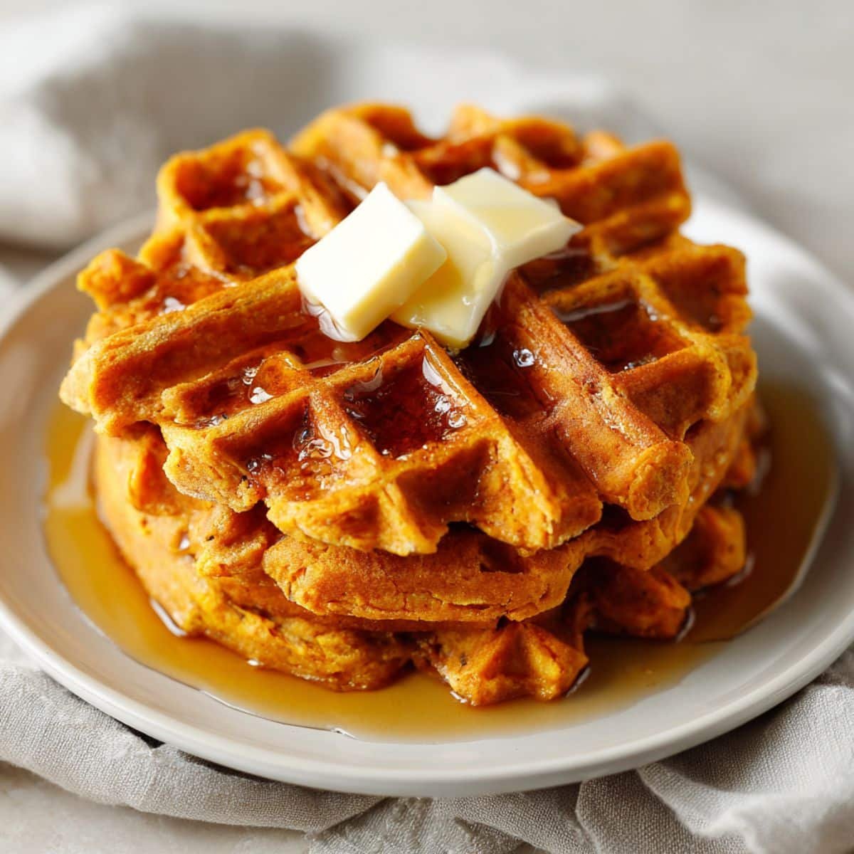 Crispy golden sweet potato waffles stacked on a white plate with maple syrup and butter, photographed top-down in a white kitchen