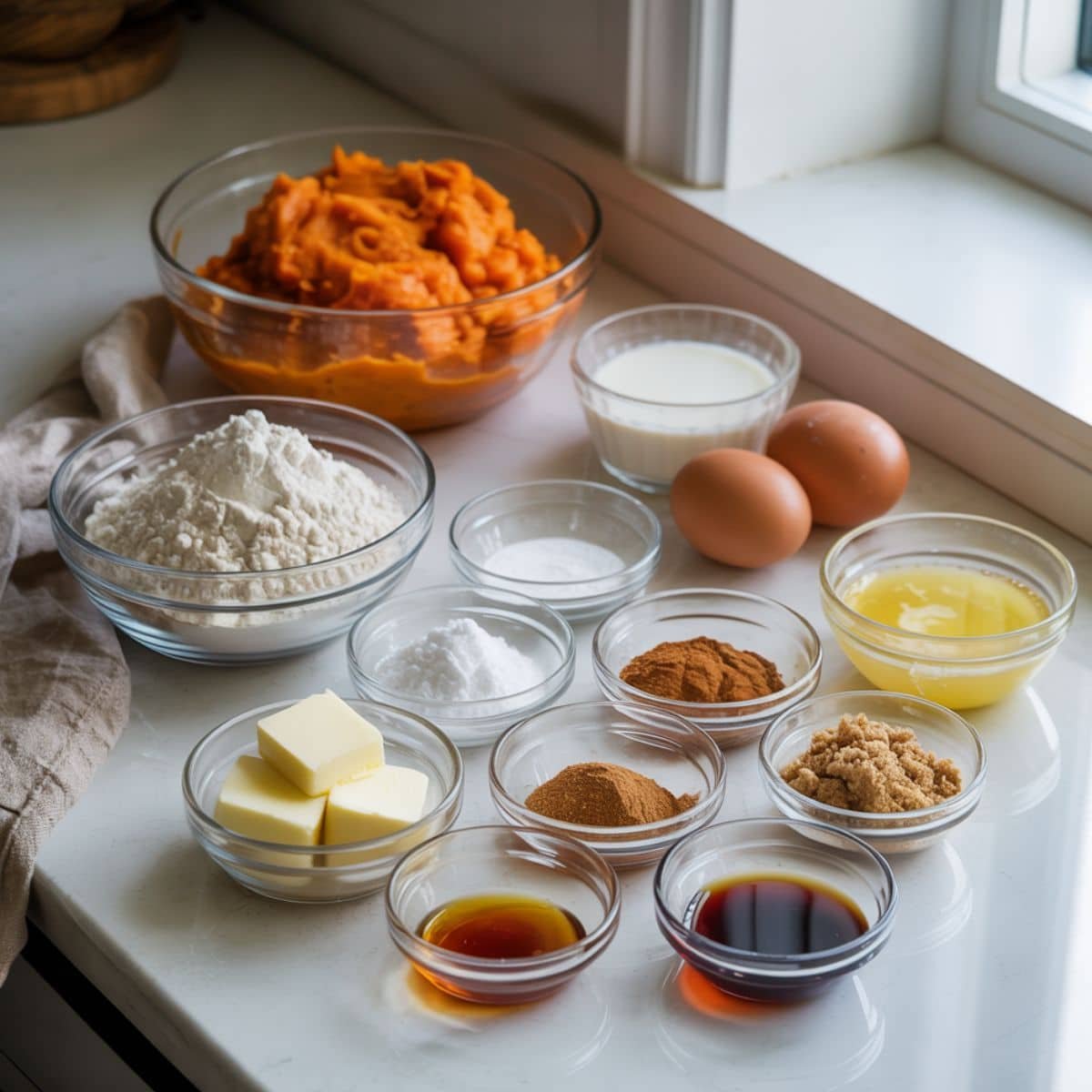 Overhead flat lay of sweet potato waffle ingredients arranged in bowls and measuring cups on a clean white kitchen counter