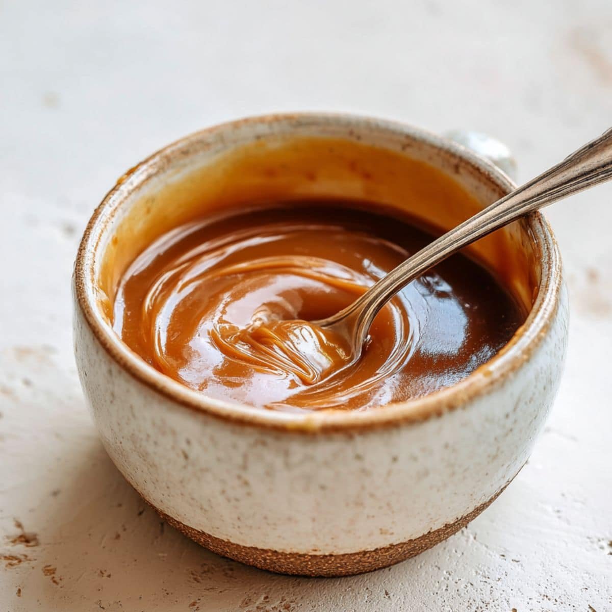 Homemade vegan caramel sauce in a glass jar with a spoon, photographed from above on a white kitchen table.