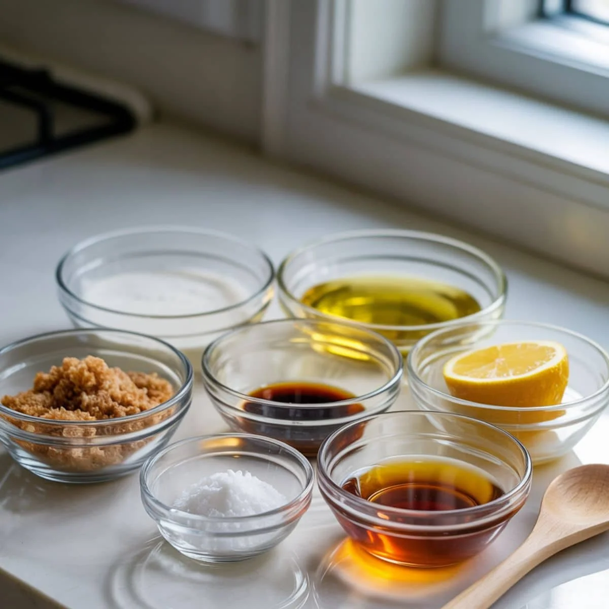 Flat lay of vegan caramel sauce ingredients — coconut sugar, coconut milk, vanilla, sea salt, coconut oil, lemon juice, and maple syrup — on a white kitchen table.