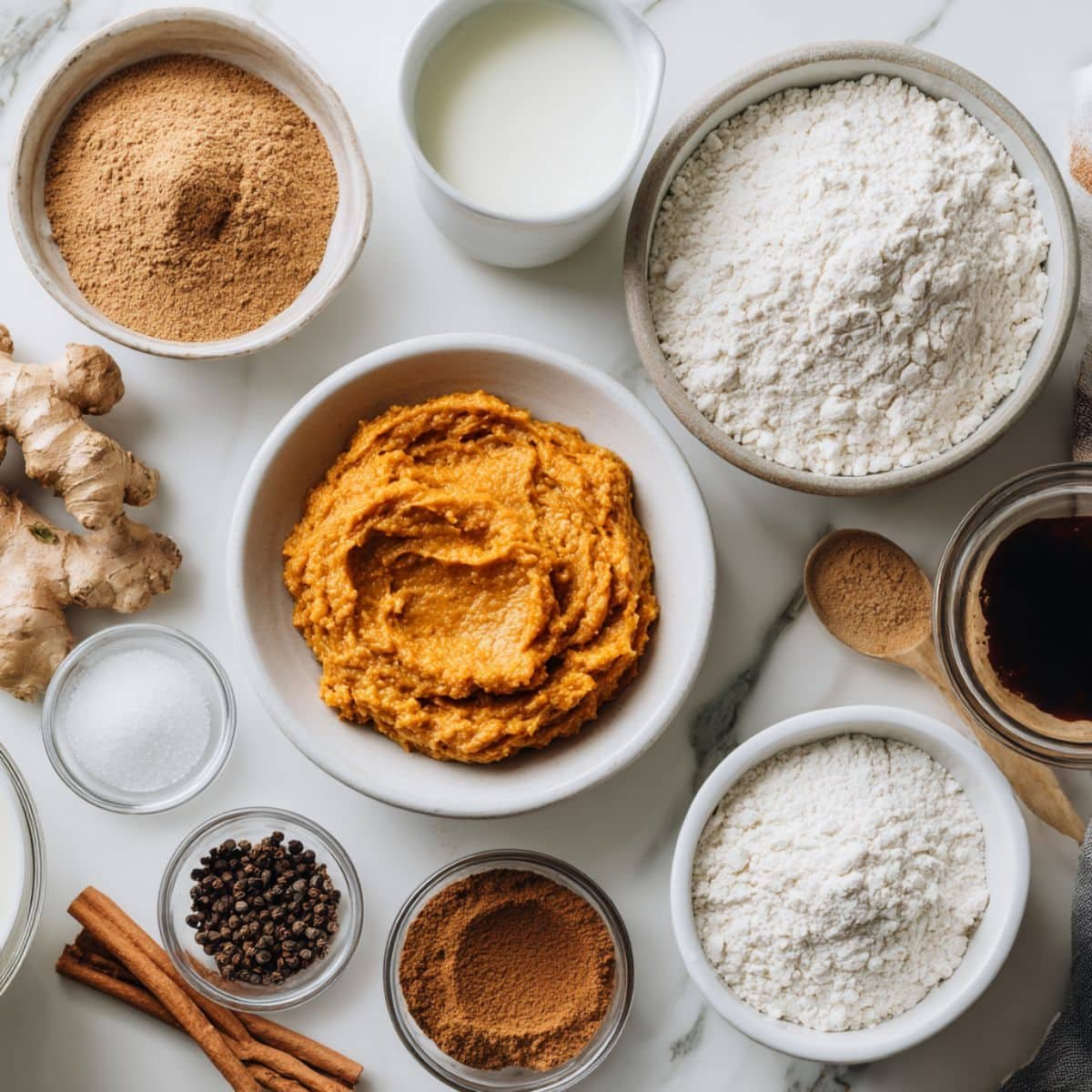Ingredients for vegan pumpkin banana bread displayed on a white kitchen counter, shot from above.