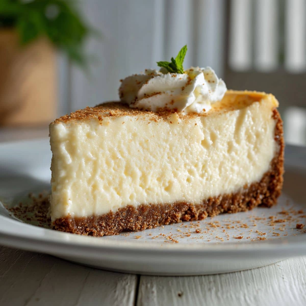 Homemade white chocolate cheesecake on white kitchen counter, creamy filling and graham cracker crust, rustic elegant dessert