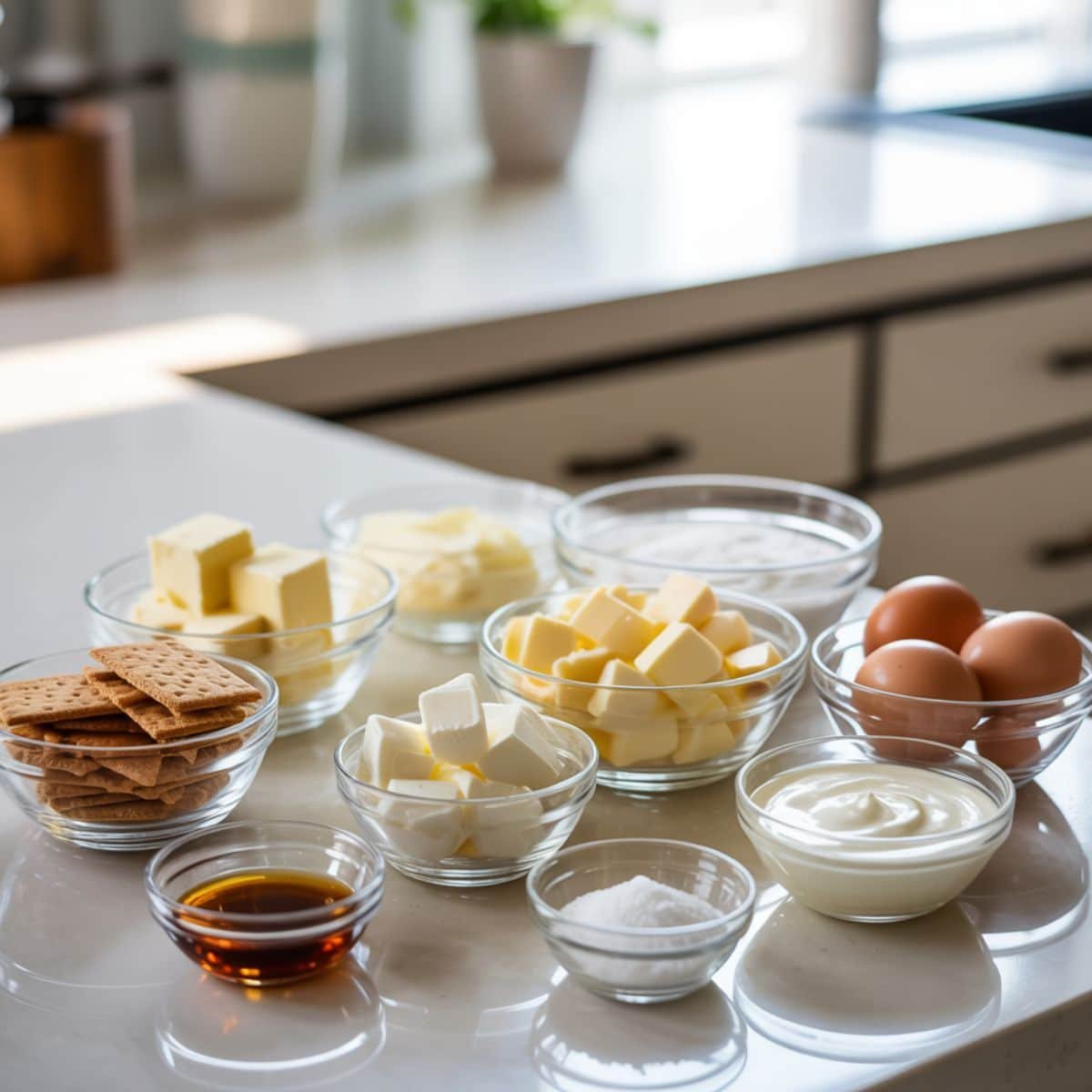Top-down photo of neatly arranged cheesecake ingredients
