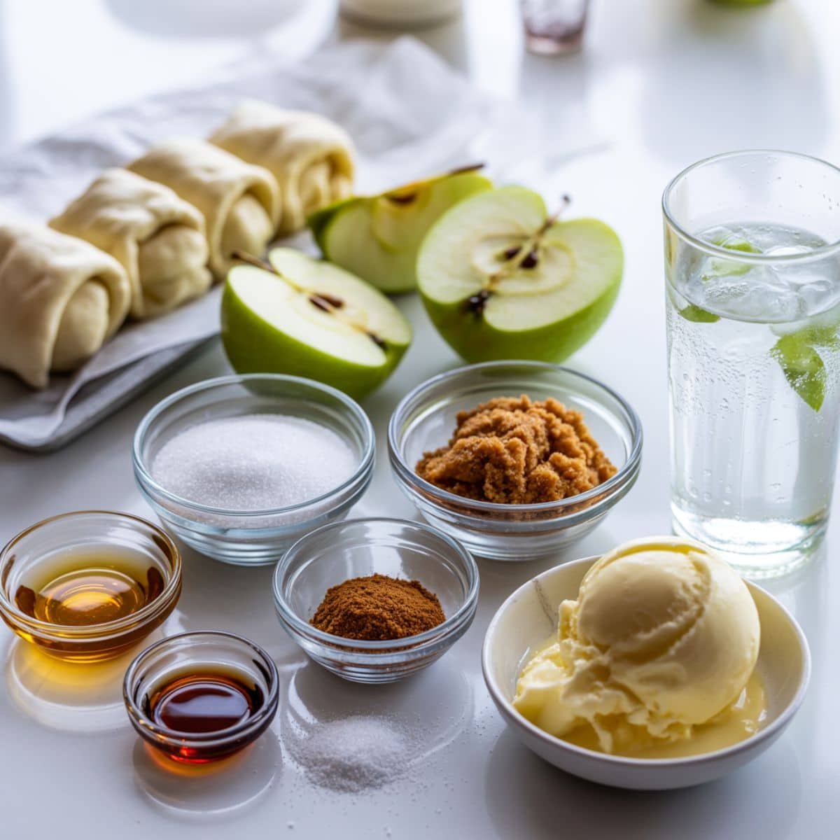 Flat lay of easy apple dumpling ingredients on a white kitchen counter including apples, dough, sugar, cinnamon, butter, and soda