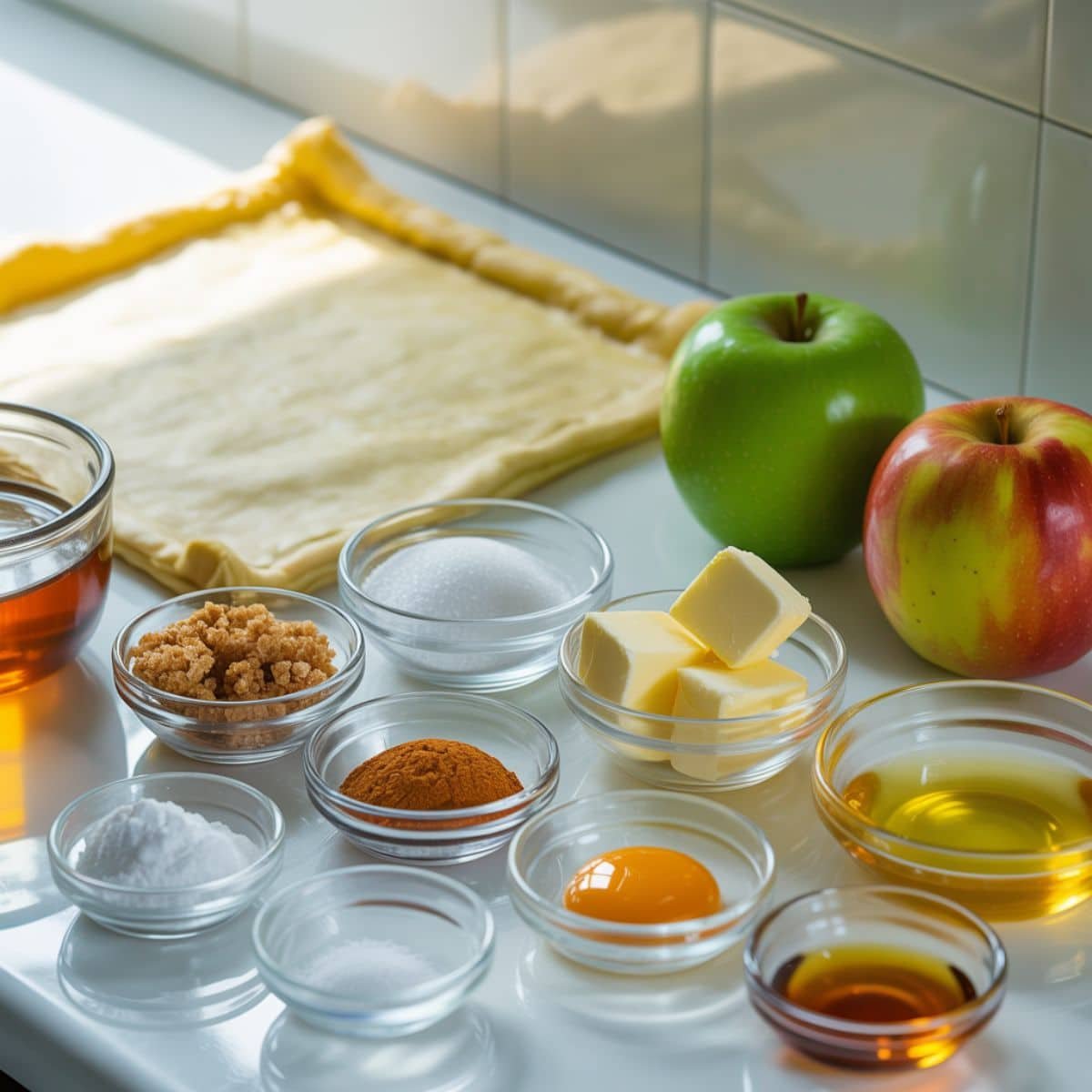 Flat lay of apple galette puff pastry ingredients on a white kitchen counter, including apples, puff pastry, sugar, cinnamon, and butter.