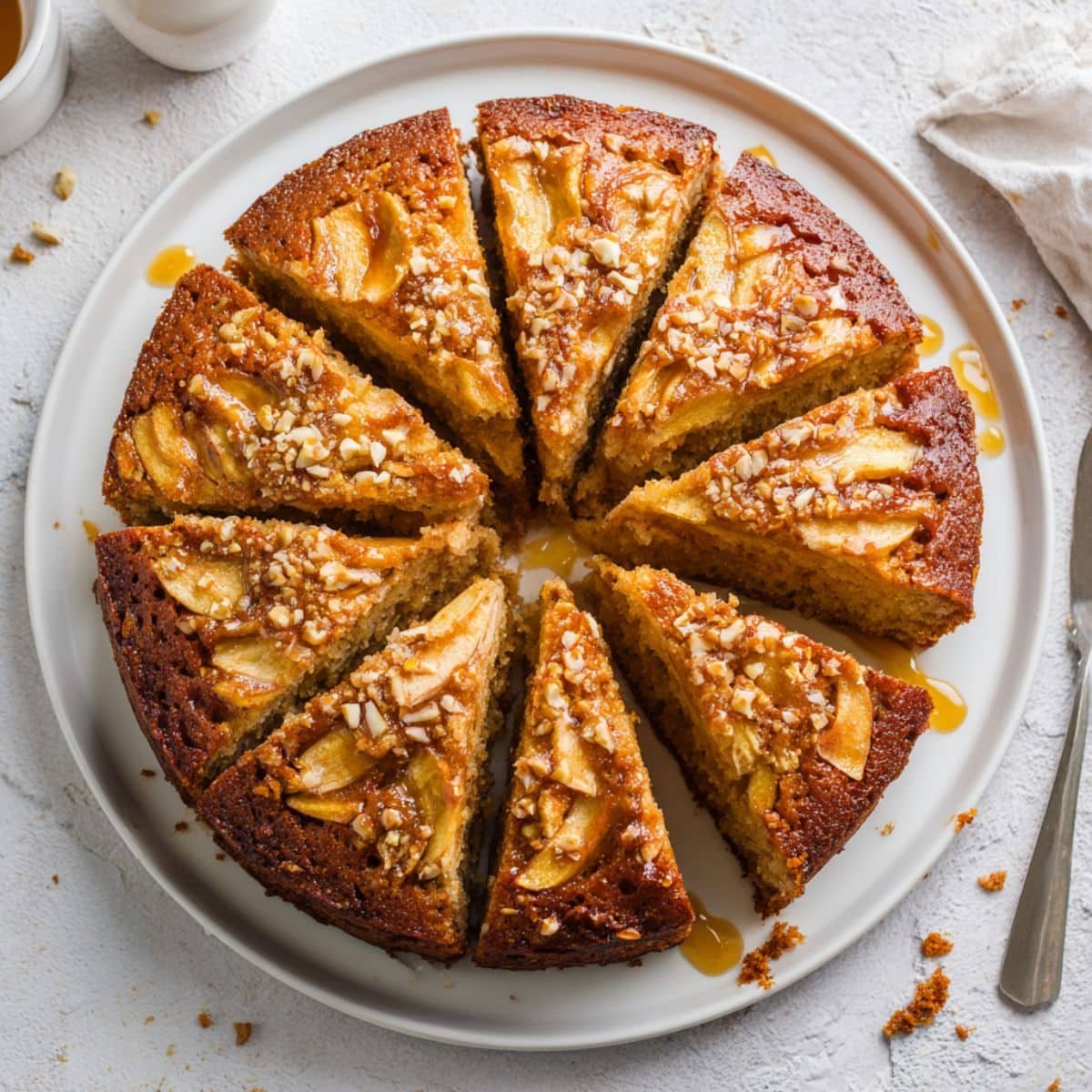 Homemade apple honey cake sliced on a white kitchen table, showing its moist crumb and honey glaze in natural daylight.