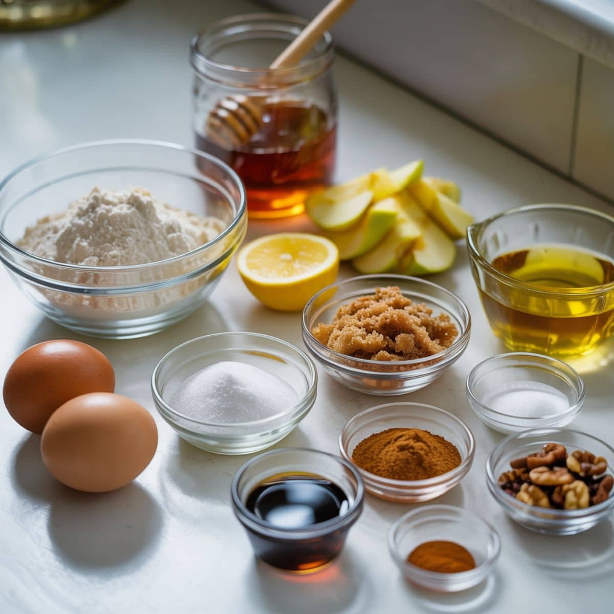 Flat lay of apple honey cake ingredients on a white kitchen counter including flour, honey, grated apples, eggs, spices, and nuts in natural light.