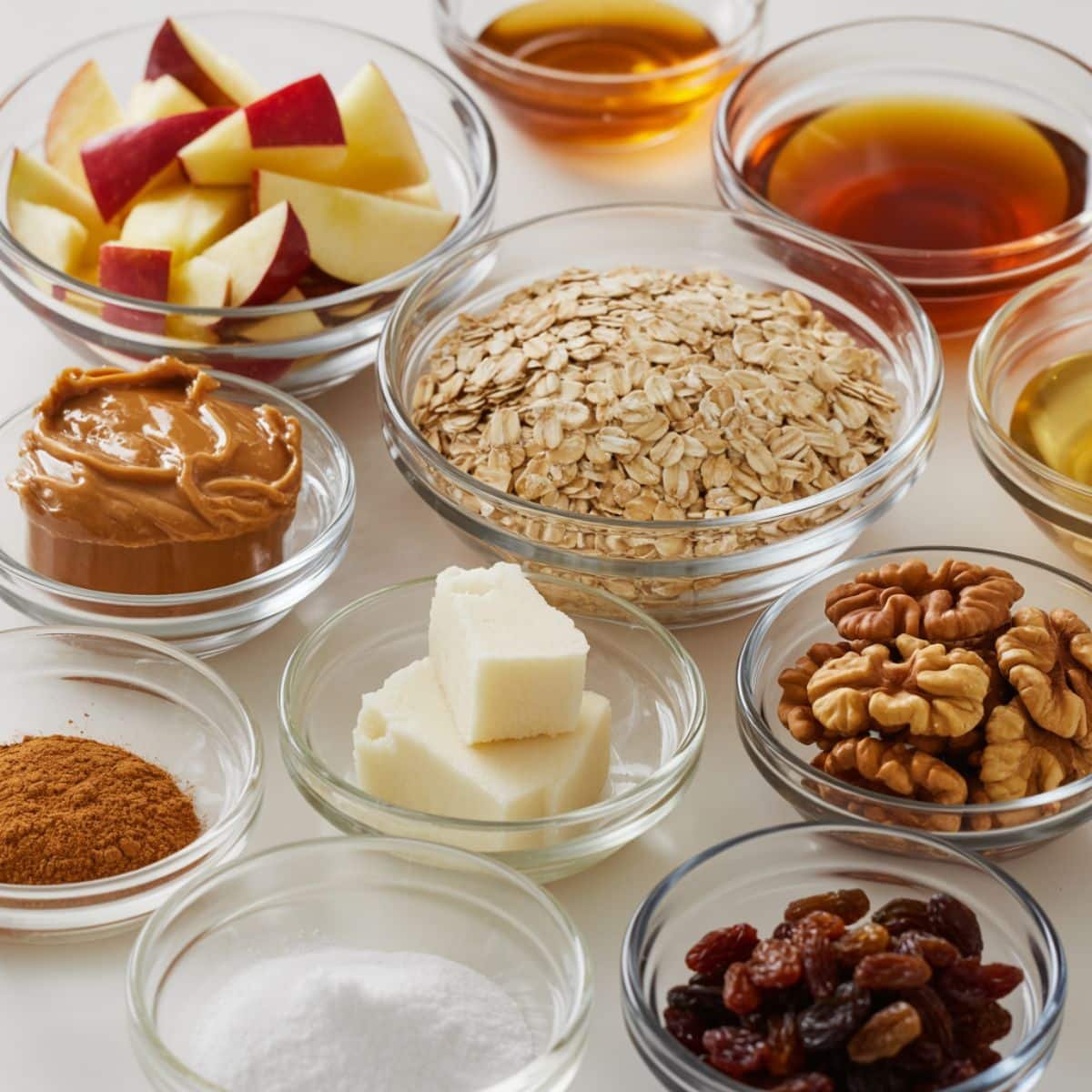 Top-down flat lay of apple oatmeal bar ingredients on a white kitchen table, casually arranged with natural lighting.