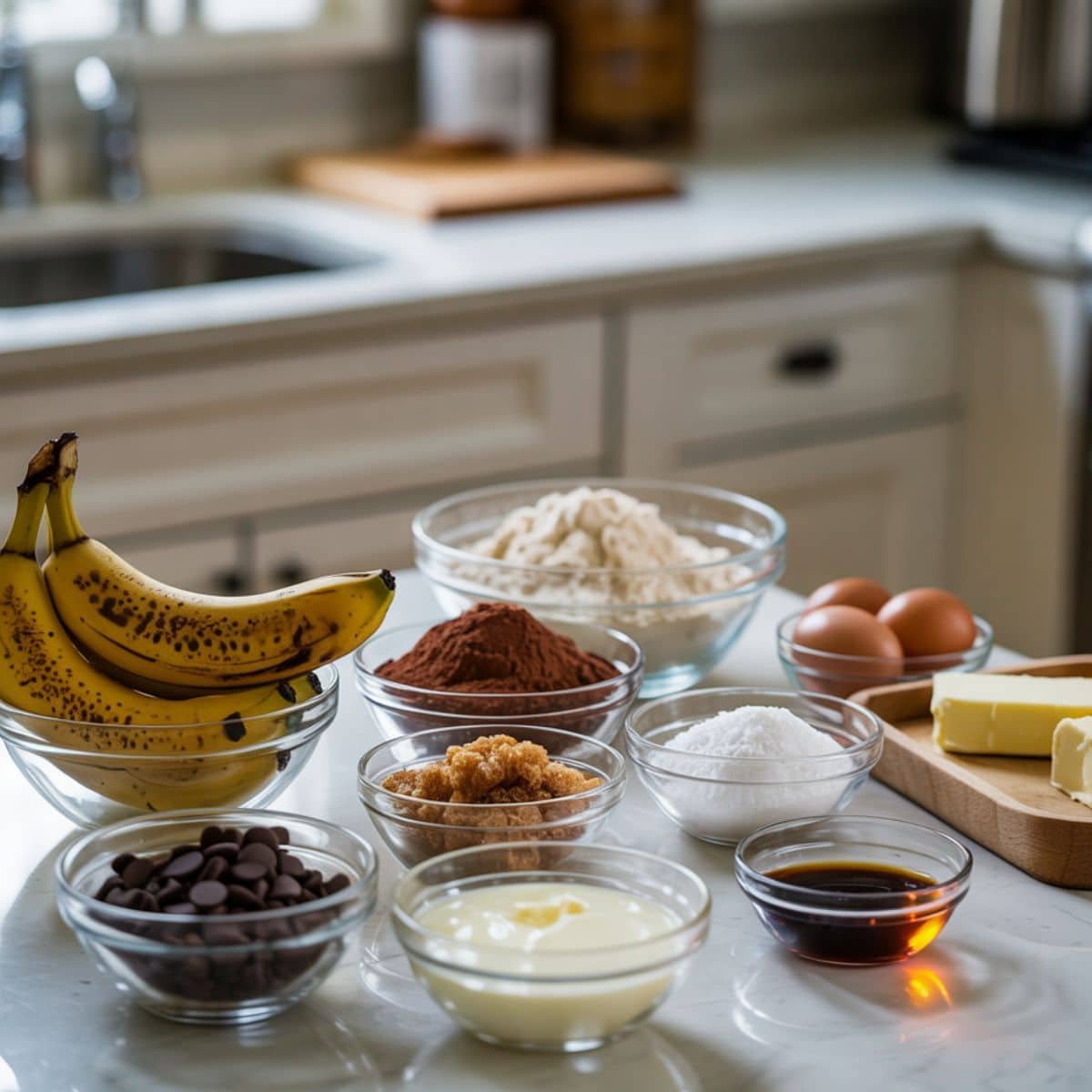 Banana bread brownie ingredients on a white table.