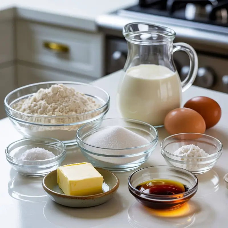 Waffle ingredients arranged on a white counter.