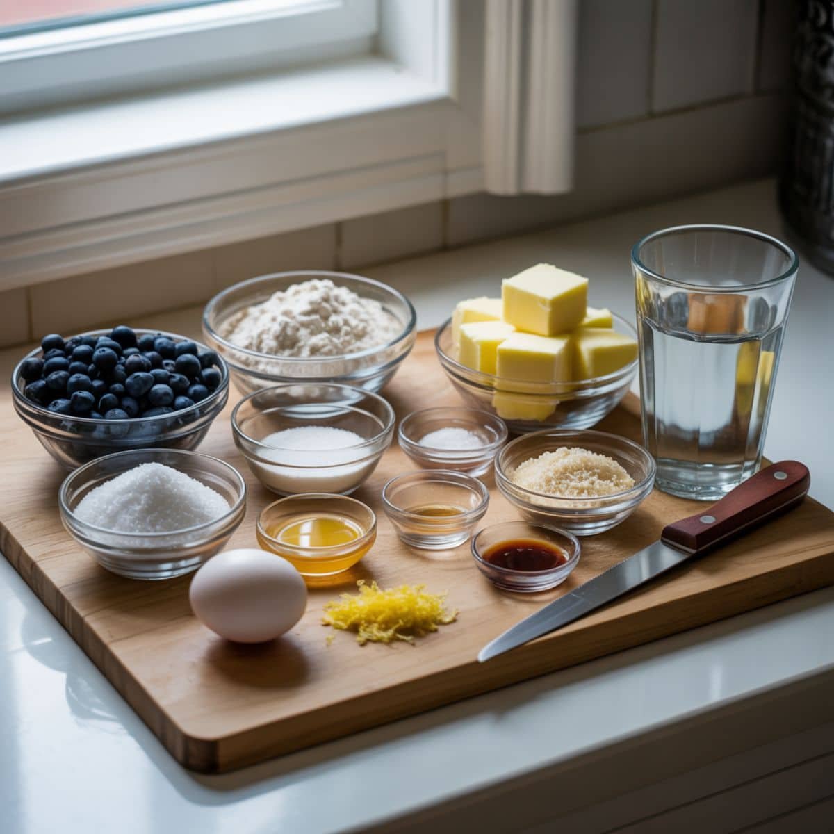 Ingredients for blueberry crostata laid out on a white kitchen counter — blueberries, flour, sugar, butter, lemon, egg, and cornstarch, photographed from above.
