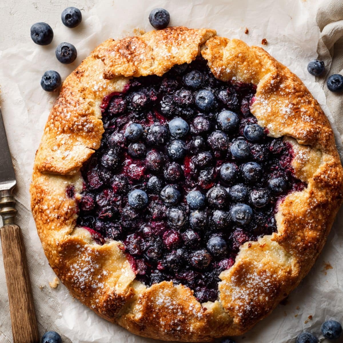 Homemade blueberry crostata with rustic golden crust and bubbling blueberry filling on a white kitchen table, photographed from above.
