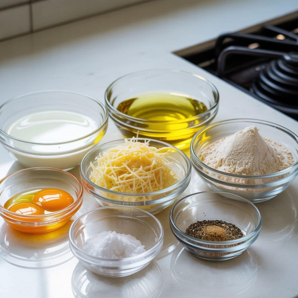 Ingredients for Brazilian cheese bread — milk, tapioca flour, cheese, eggs, oil, salt, and pepper on a white kitchen counter.