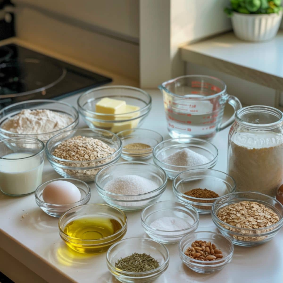 Ingredients for homemade bread spread on a white kitchen table, including flour, yeast, butter, milk, egg, seeds, and olive oil.