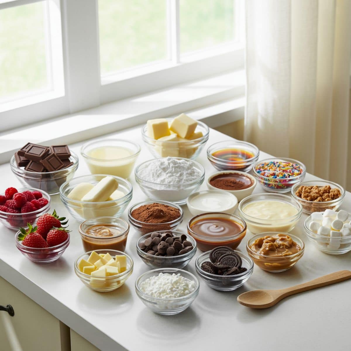 Overhead view of homemade brownie decoration ingredients like chocolate, nuts, berries, and sprinkles arranged on a white kitchen table.
