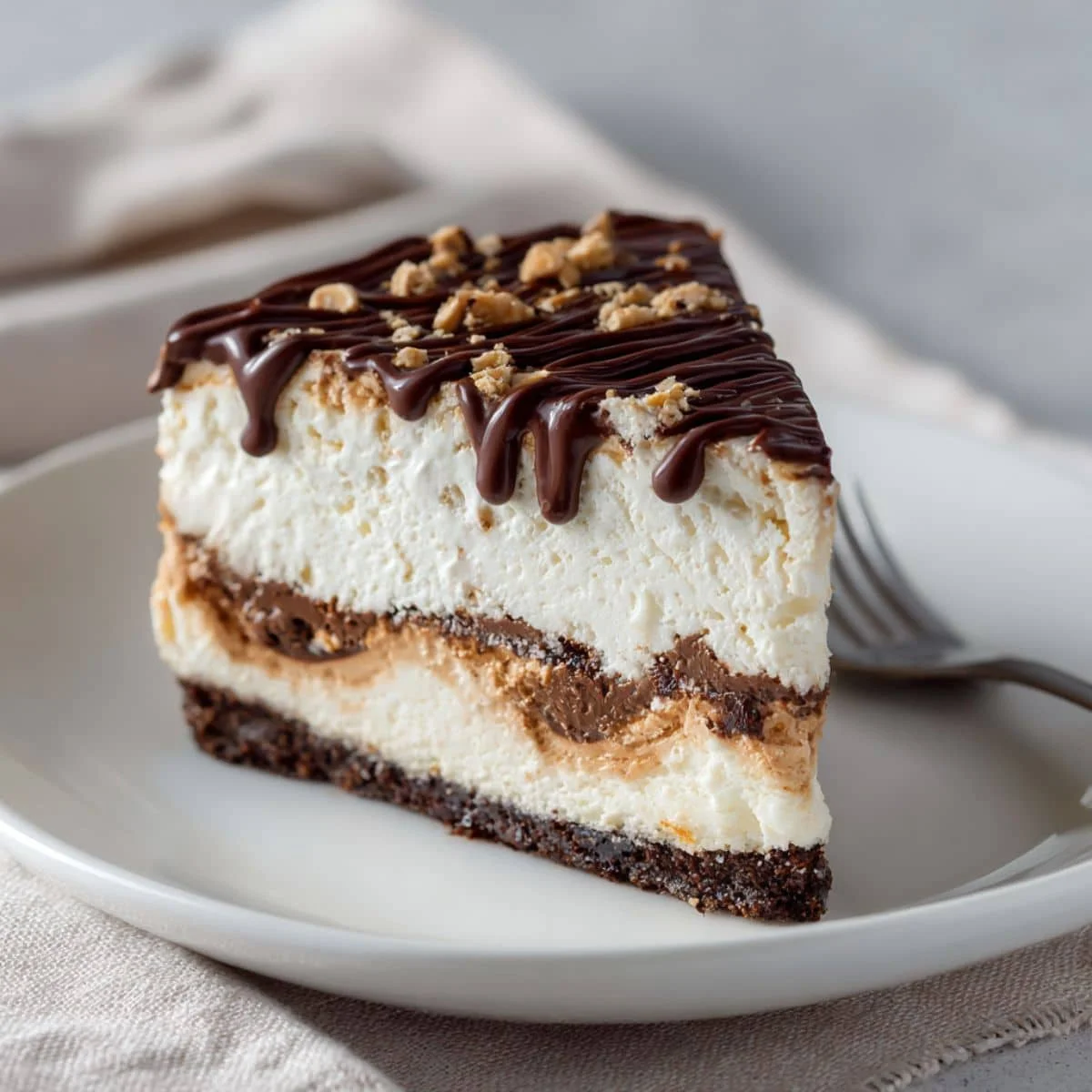 A homemade Buster Bar Ice Cream Cake slice showing Oreo crust, creamy vanilla ice cream, fudge layer, and roasted peanuts on a white kitchen table.