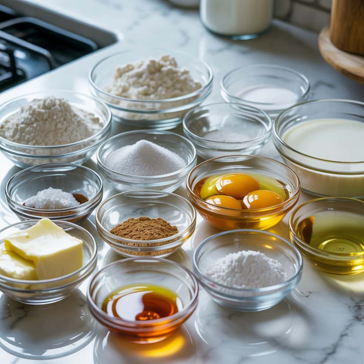 Flat lay of buttermilk bar donut ingredients on a white kitchen table, including flour, sugar, eggs, buttermilk, and vanilla extract in a casual homemade setup.