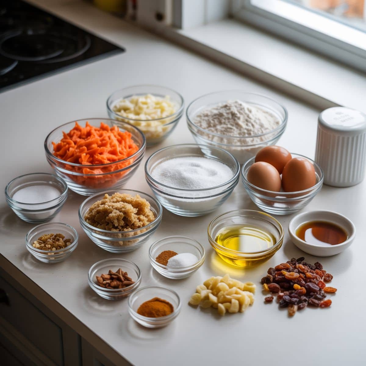 Flat lay of carrot muffin ingredients including grated carrots, flour, sugars, eggs, oil, and spices on a white kitchen table in natural light.