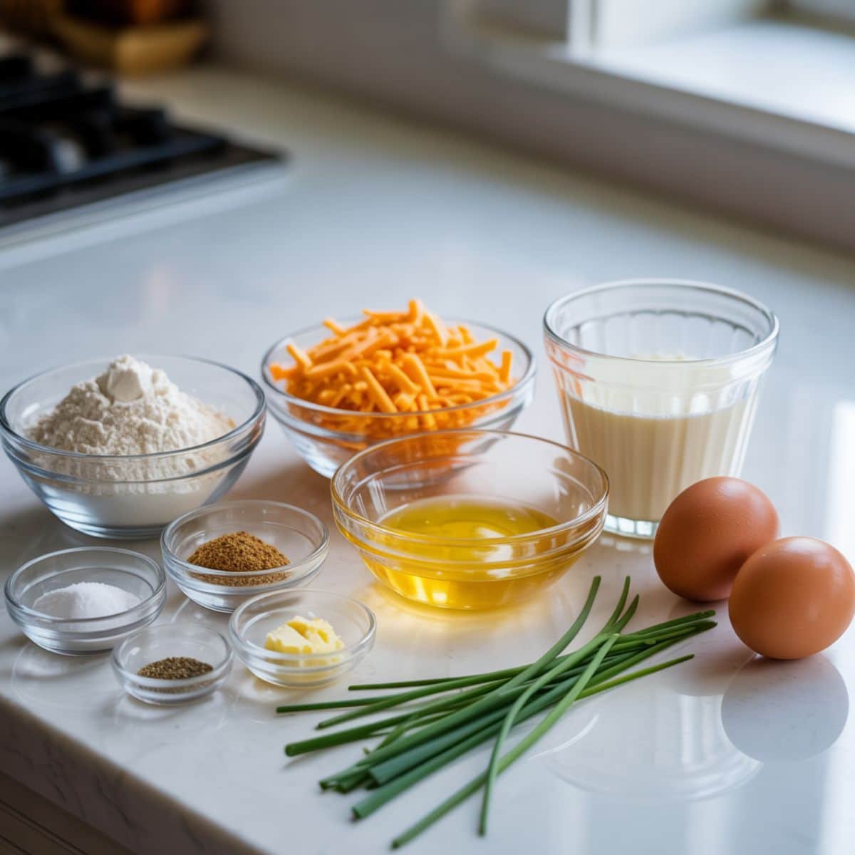 Flat lay of cheddar cheese bread ingredients on a white kitchen counter including flour, baking powder, shredded cheddar, butter, eggs, buttermilk, and chives.