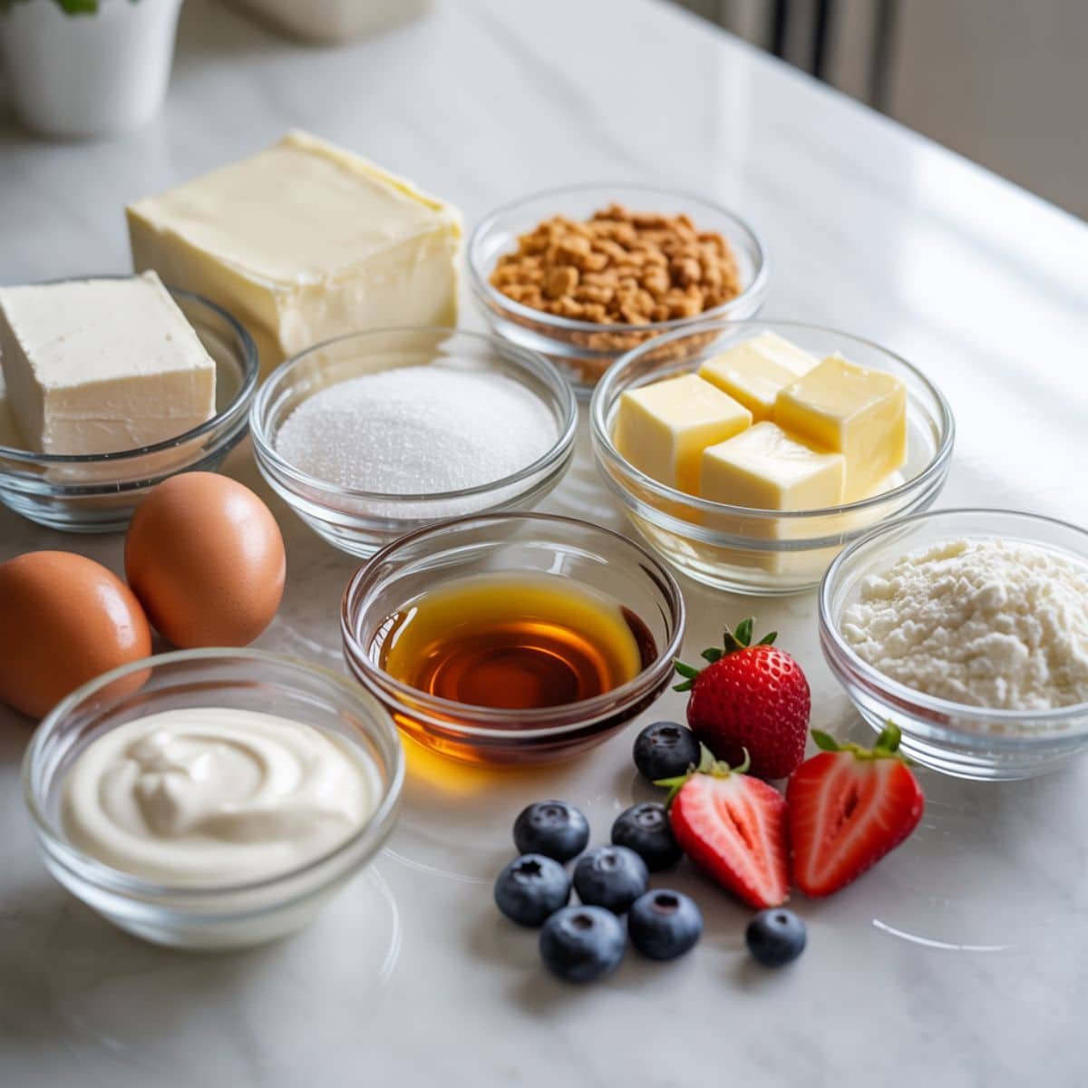 Flat lay of cheesecake cupcake ingredients — cream cheese, graham crackers, butter, sugar, eggs, and vanilla — on a white kitchen table in natural light.