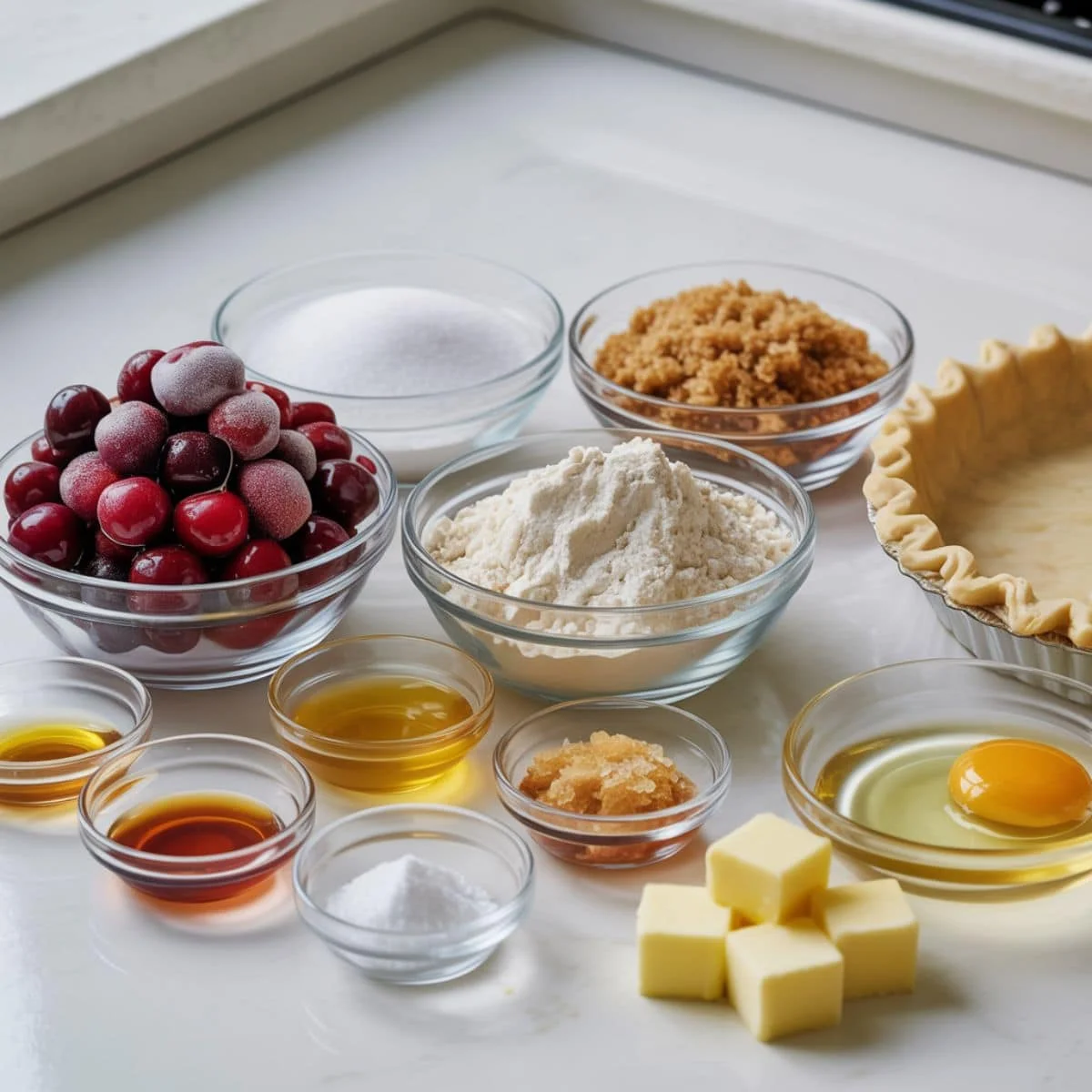 Flat lay of frozen cherry pie ingredients on a white kitchen counter.