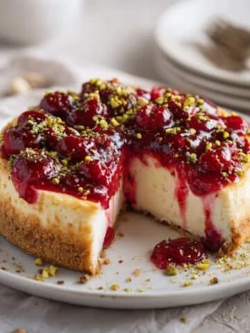 Homemade cherry pistachio cheesecake with cherry topping and crushed pistachios on a white kitchen table.