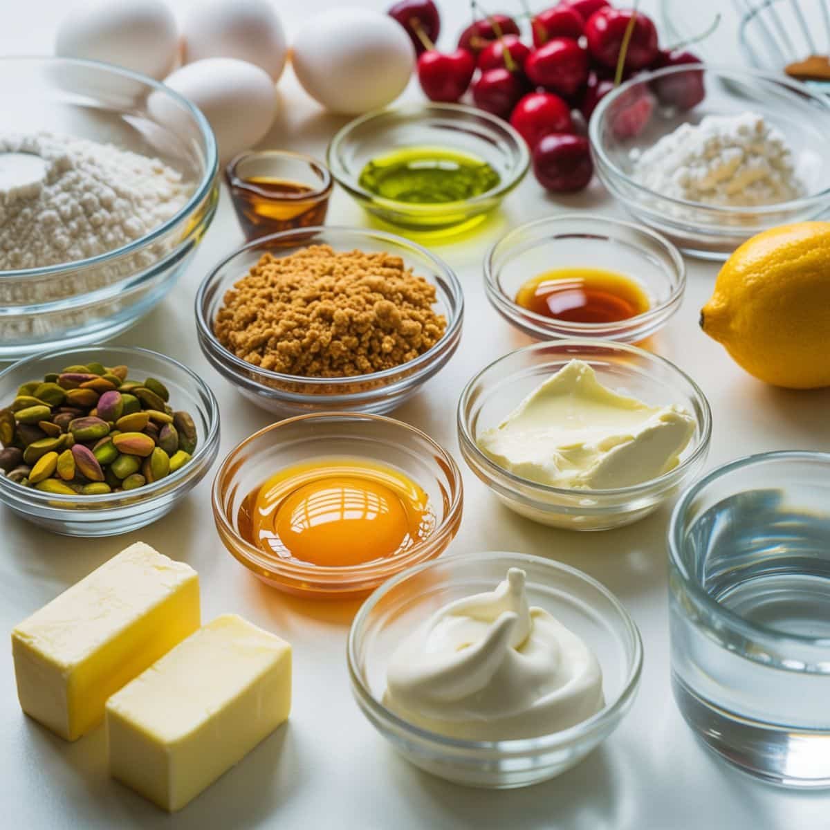 Ingredients for homemade cherry pistachio cheesecake arranged on a white kitchen table.