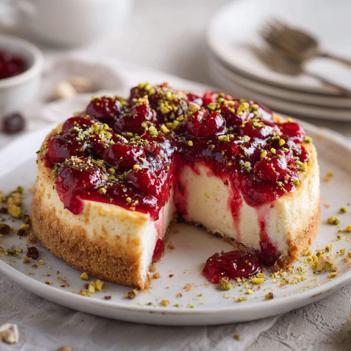 Homemade Cherry Pistachio Cheesecake with cherry topping and crushed pistachios on a white kitchen table.
