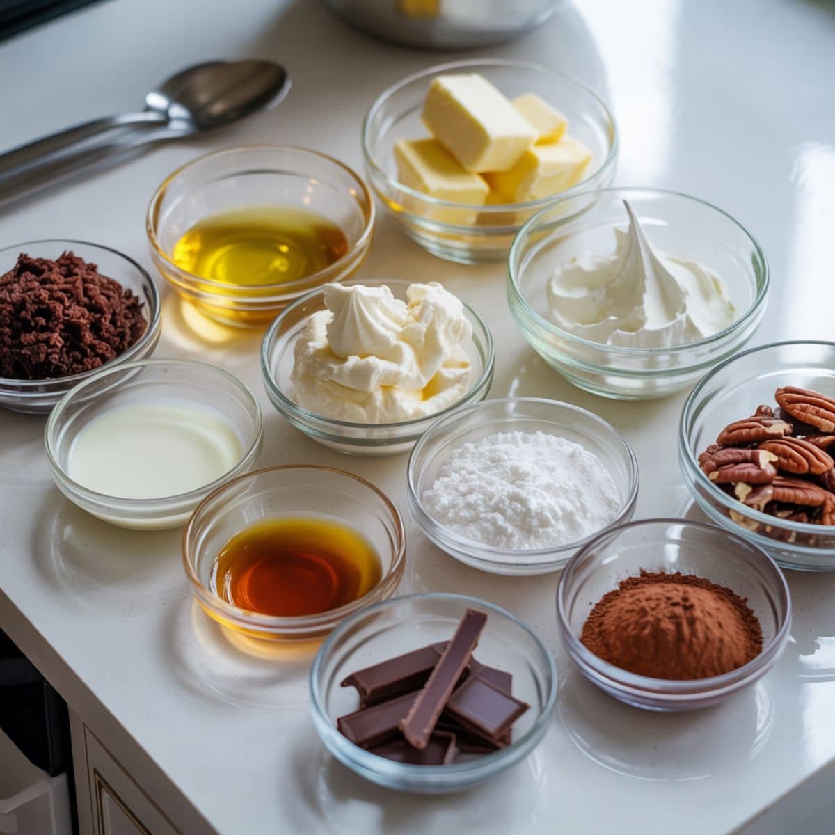 photo of chocolate delight ingredients arranged on a white kitchen counter