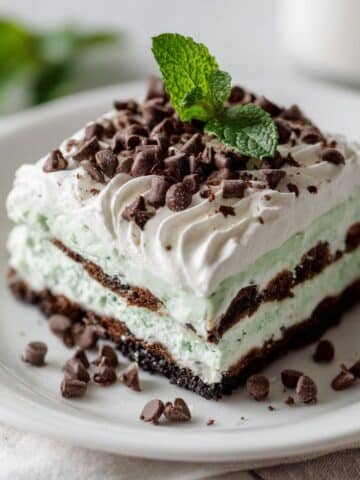 Chocolate mint lasagna slice on white table