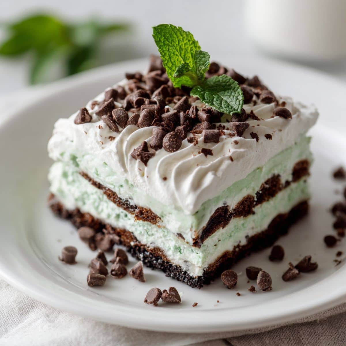 Chocolate mint lasagna slice on white table