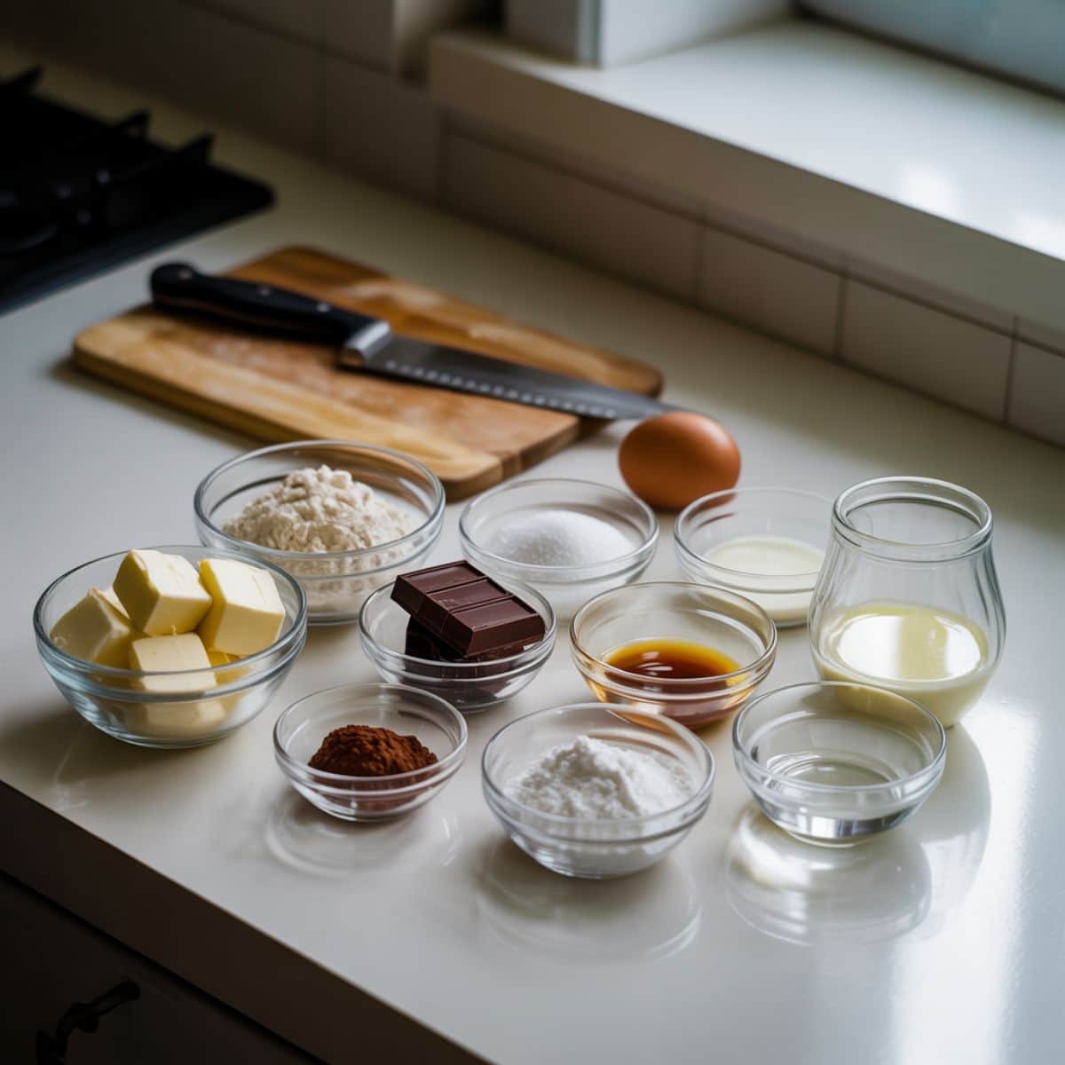 op-down photo of chocolate pastry ingredients arranged on a white kitchen counter — flour, butter, dark chocolate, sugar, egg, milk, and vanilla extract.