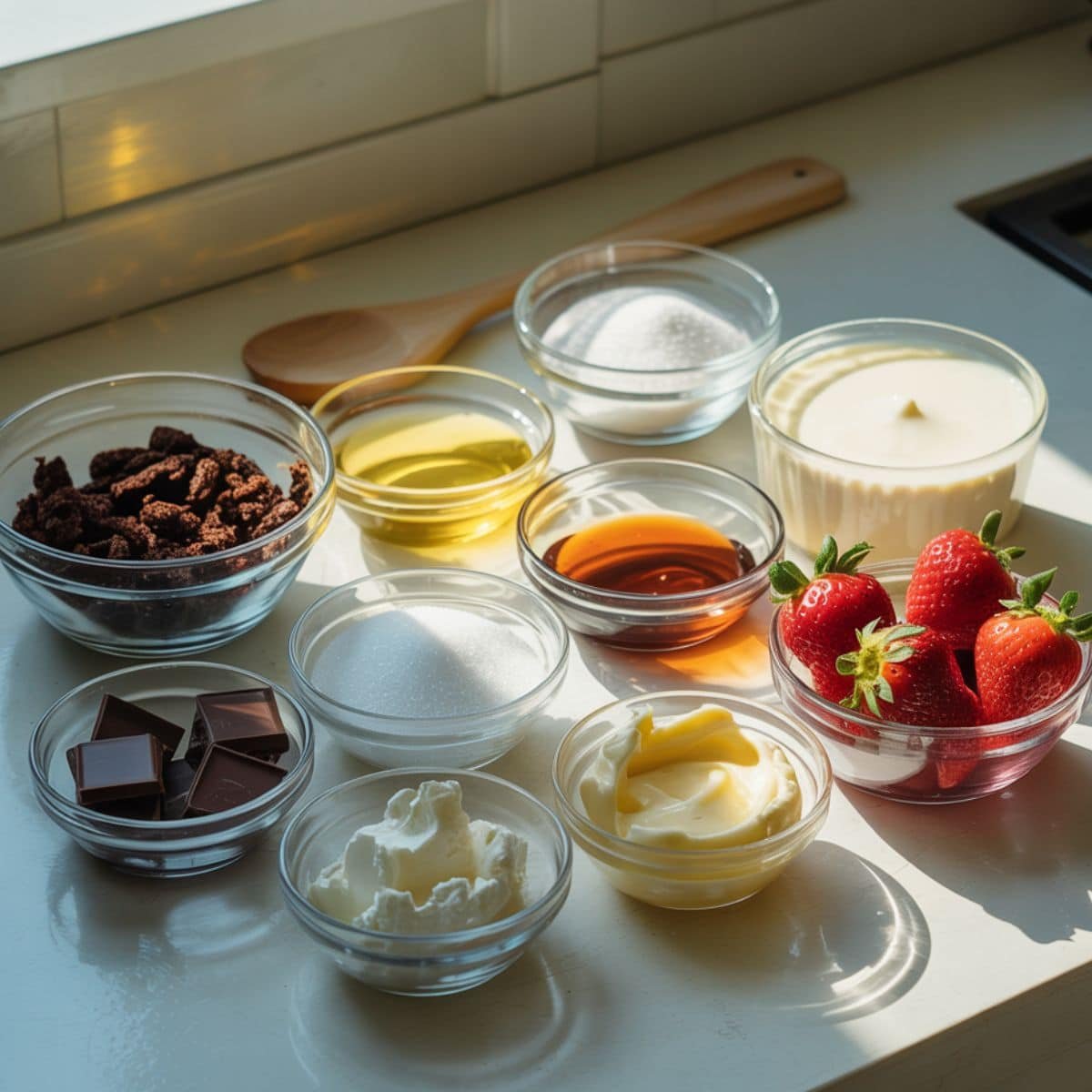 Top-down photo of chocolate strawberry pie ingredients laid out on a white kitchen counter, including chocolate crumbs, butter, strawberries, cream cheese, and heavy cream.