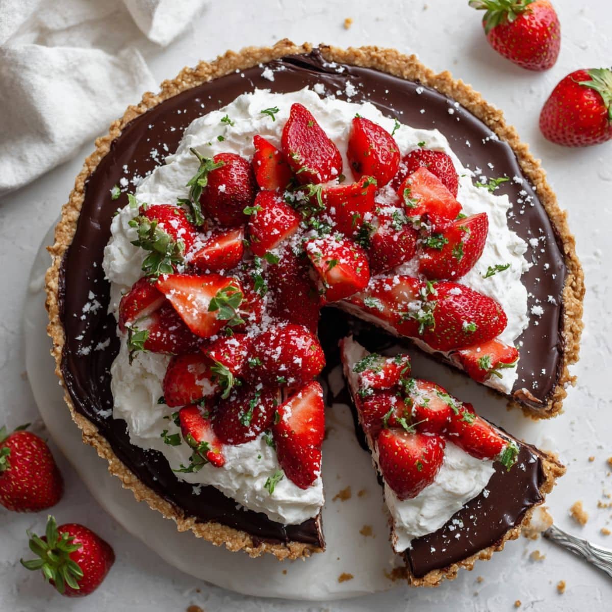 Homemade chocolate strawberry pie with a slice cut out, topped with whipped cream and fresh strawberries on a white kitchen counter.