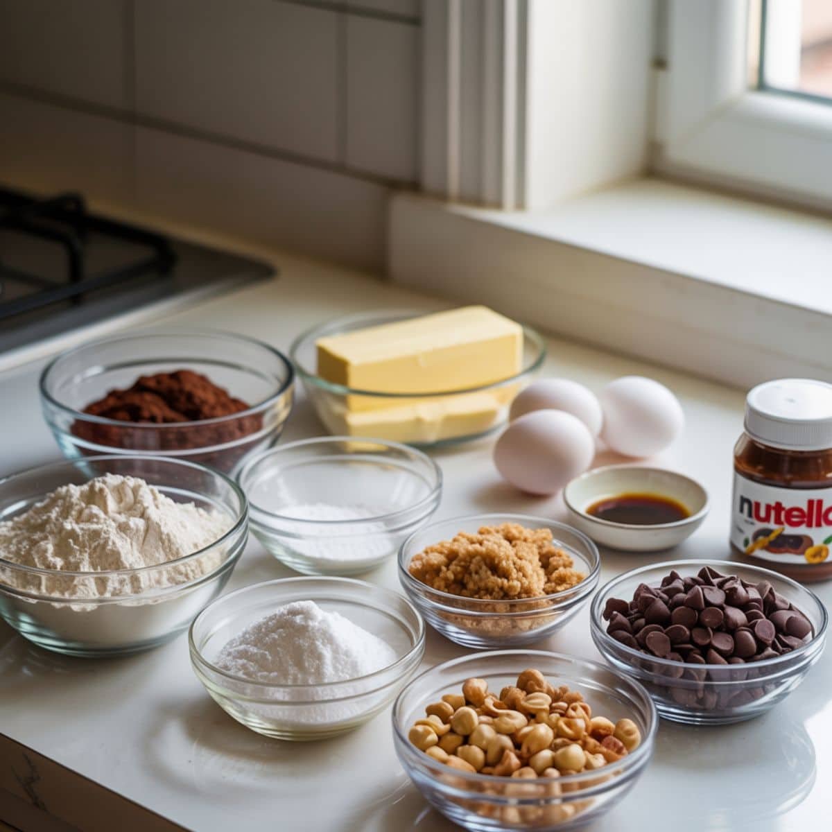 Ingredients for homemade chocolate hazelnut cookies arranged on a white kitchen counter, including flour, cocoa powder, sugars, butter, eggs, chocolate chips, hazelnuts, and Nutella, with a slightly messy, real kitchen feel.