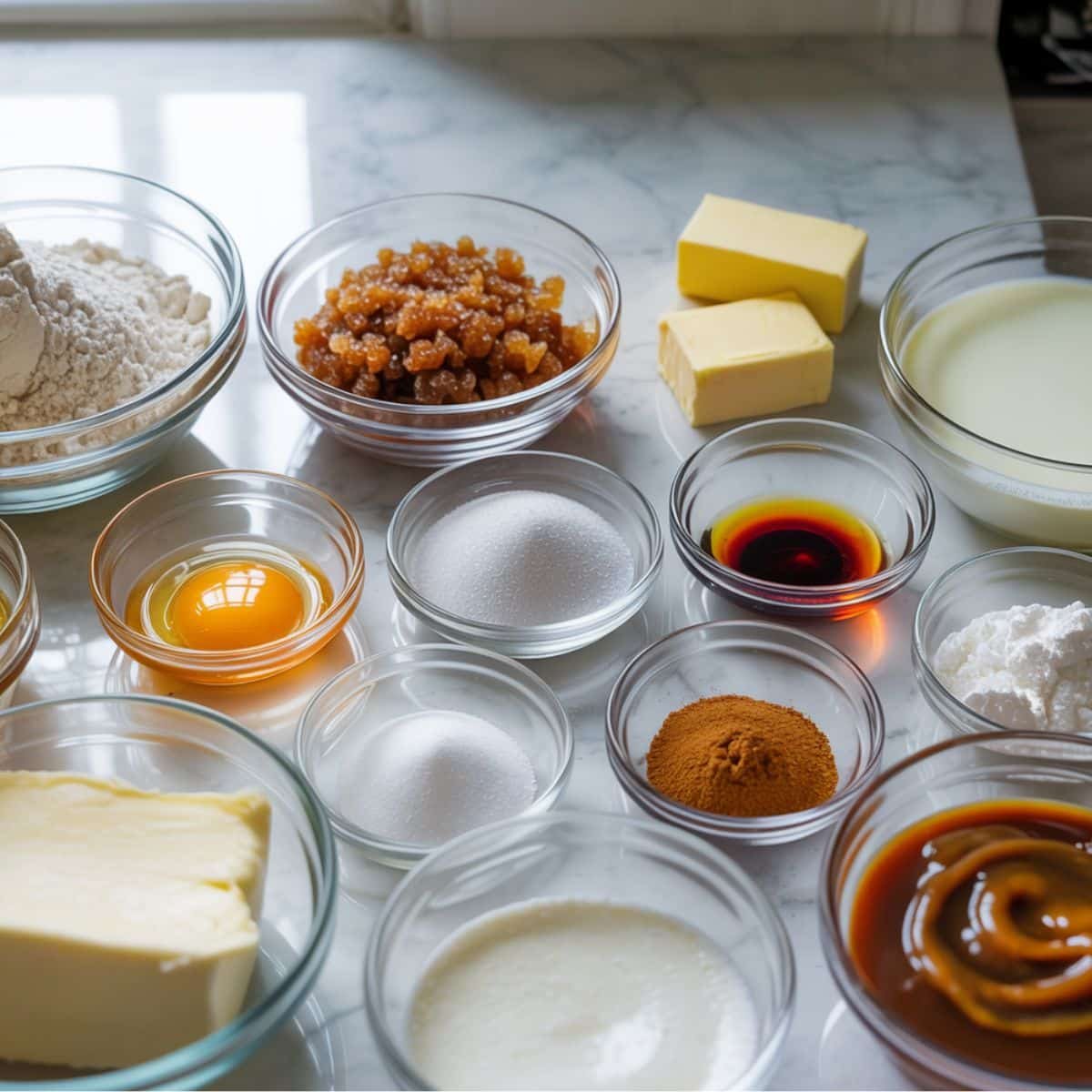 Top-down view of churro cake ingredients on a white kitchen table with natural lighting.