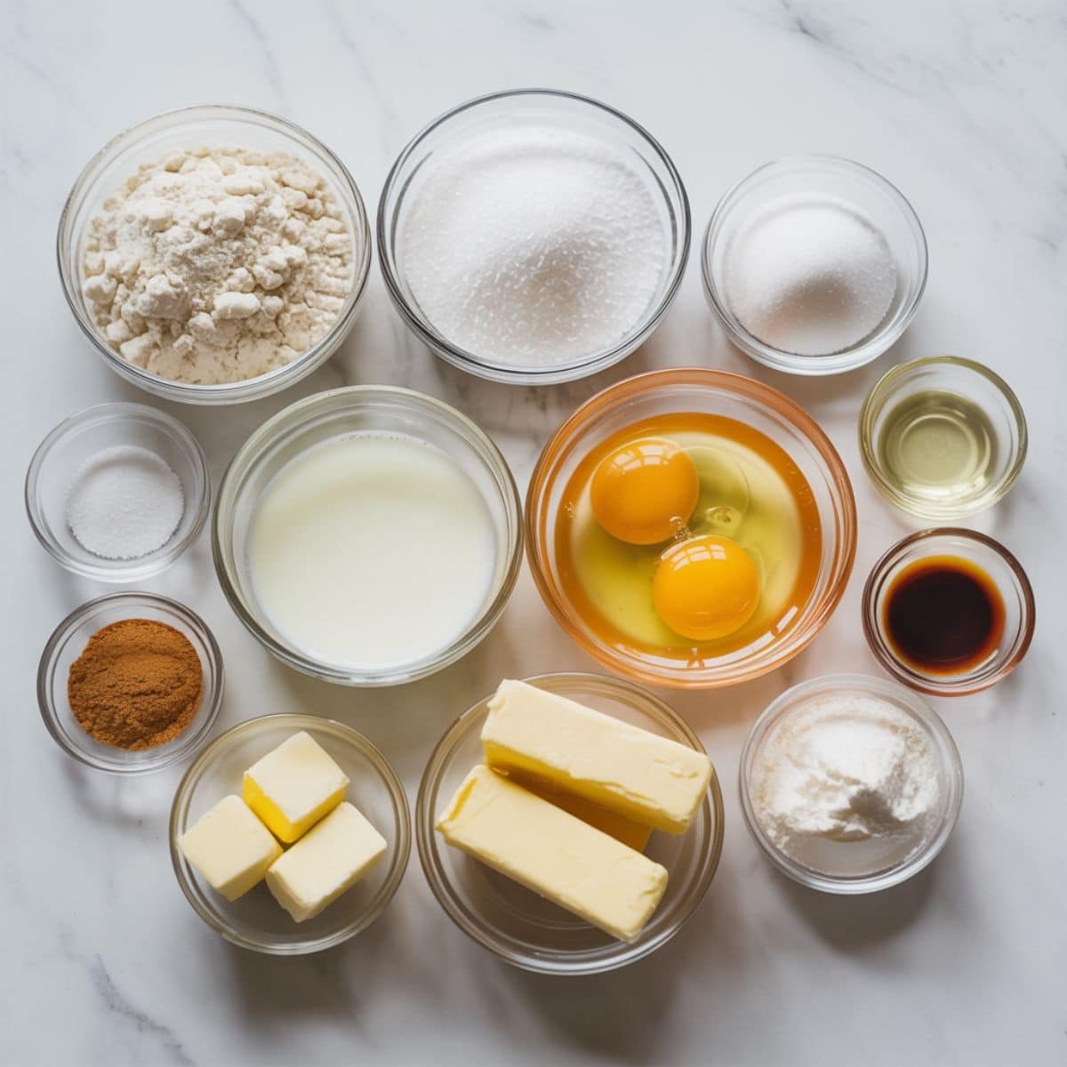 Flat lay of churro cupcakes ingredients on a white kitchen counter with bowls of flour, sugar, cinnamon, eggs, and milk