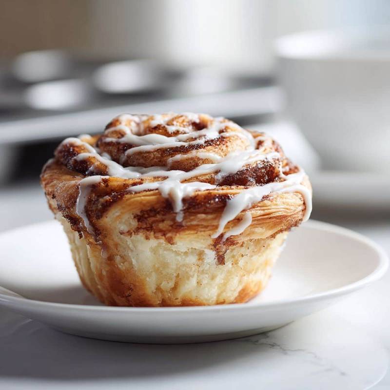 Warm cinnamon-roll cruffin on white kitchen table, top view.