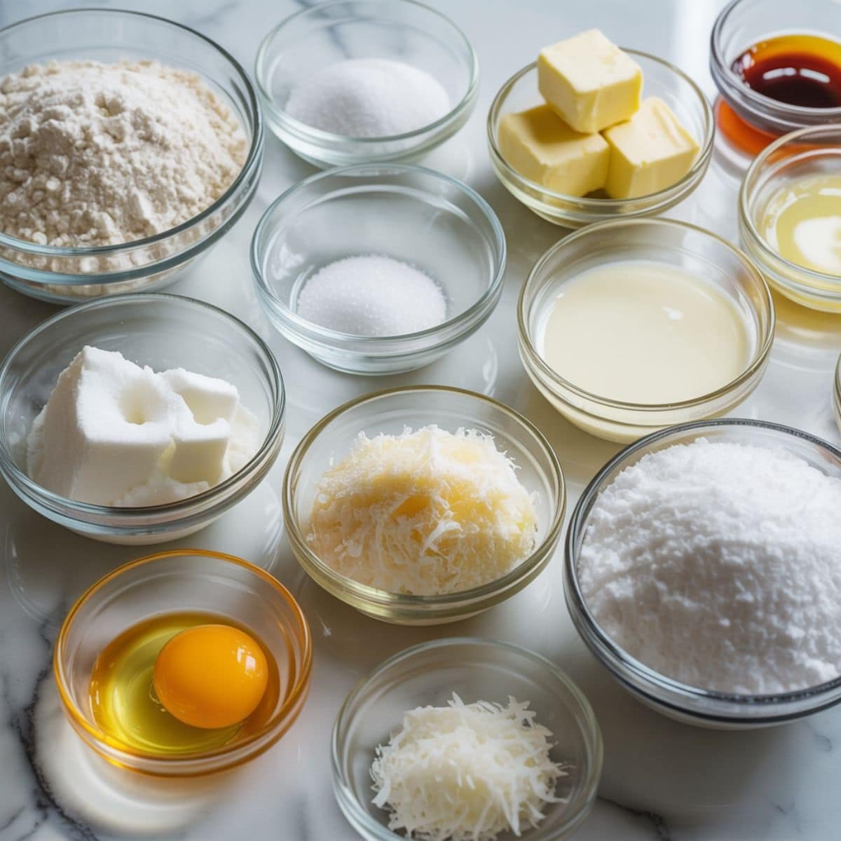 Flat lay of coconut cream pie bars ingredients — flour, butter, sugar, coconut cream, milk, eggs, and vanilla on a white kitchen table.