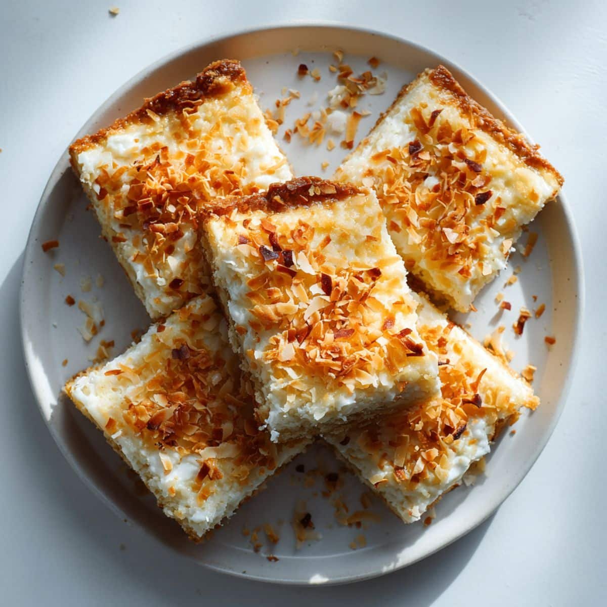 Homemade coconut cream pie bars with creamy coconut filling and toasted coconut on top, served on a white kitchen table.