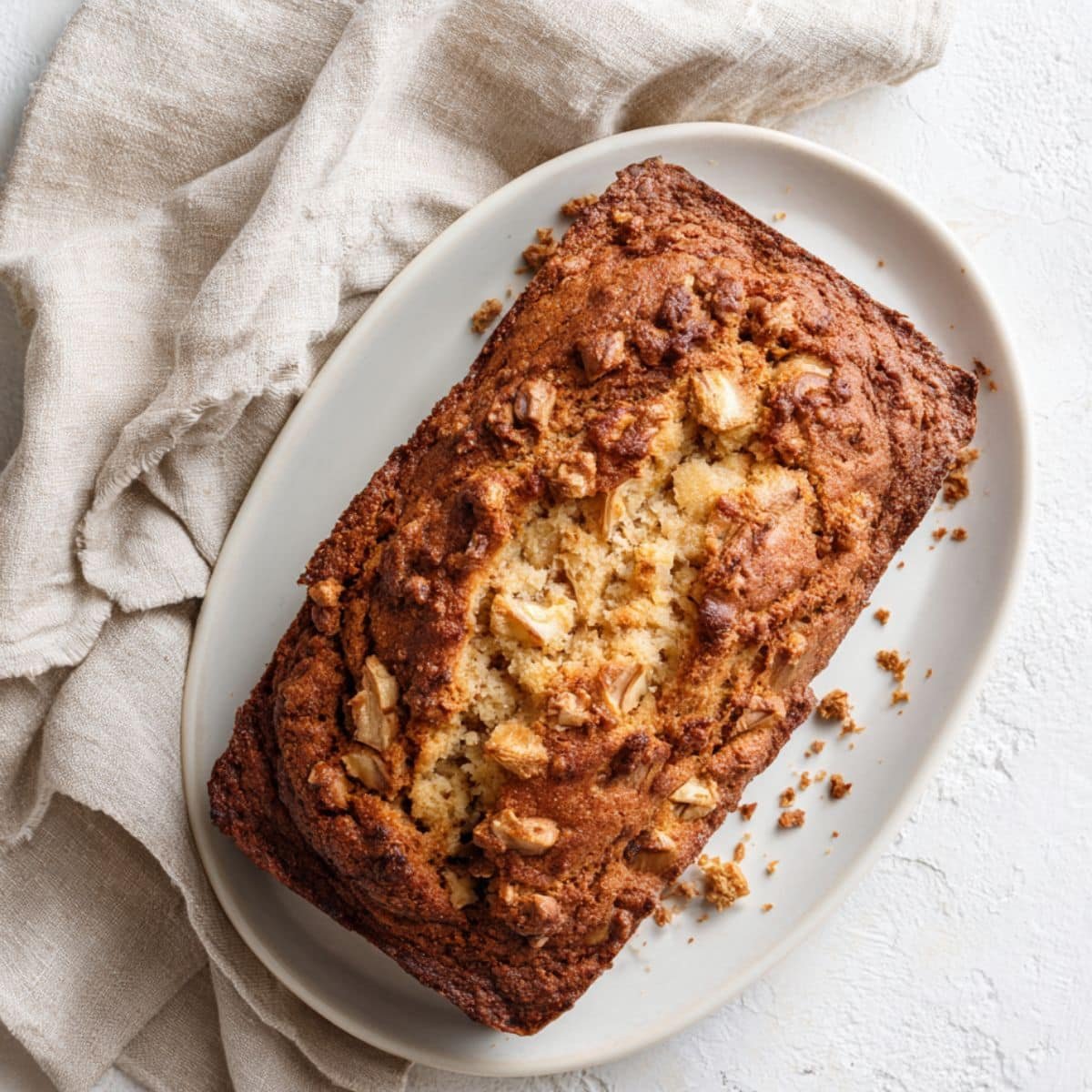 Healthy apple bread loaf sliced on a white table.