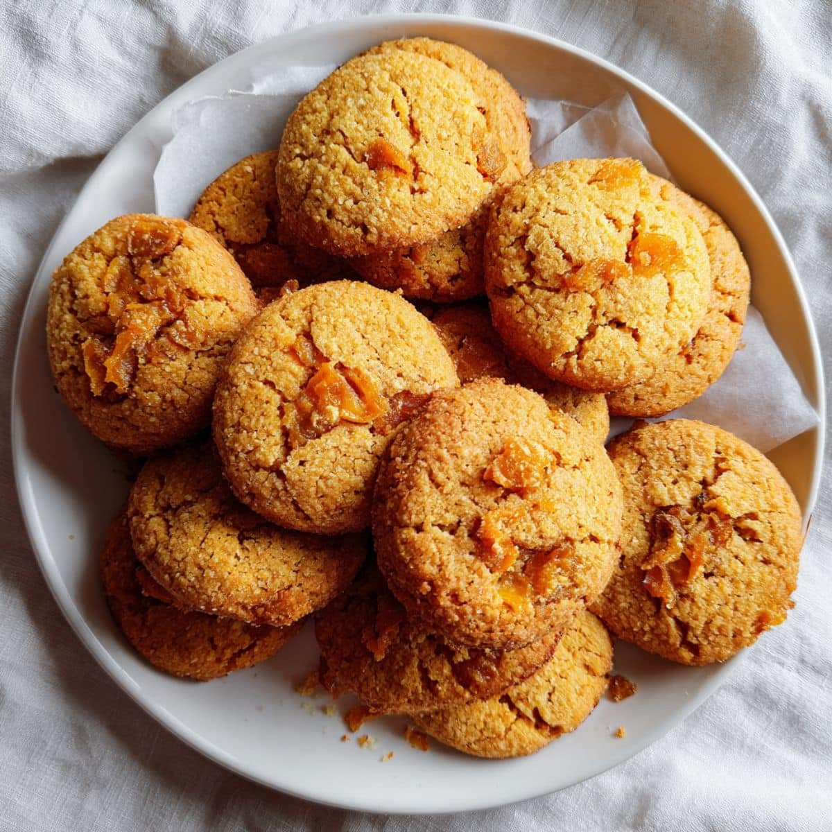 Freshly baked persimmon cookies on a white kitchen plate, golden and rustic with a homemade feel.