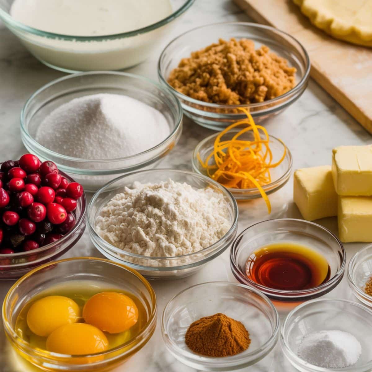 Fresh cranberries, butter, sugar, flour, and pie ingredients on a white kitchen counter.