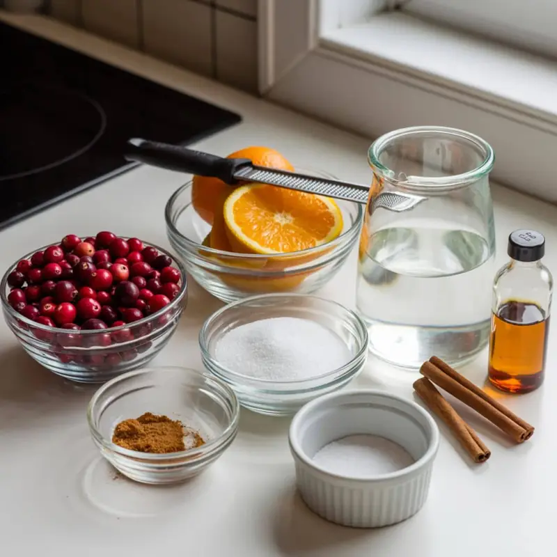 Flat lay of fresh cranberries, orange, sugar, cinnamon stick, vanilla, water, and salt on a white kitchen table, photographed from above.