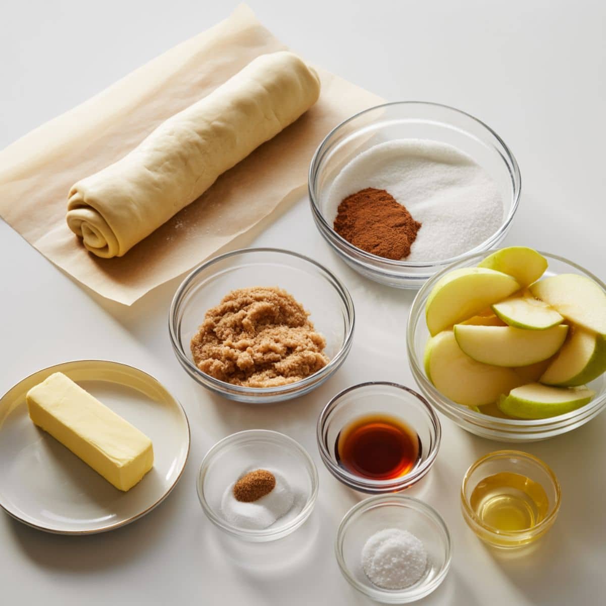 Overhead flat lay of crescent roll apple dumpling ingredients on a white kitchen table with apples, dough, and brown sugar.