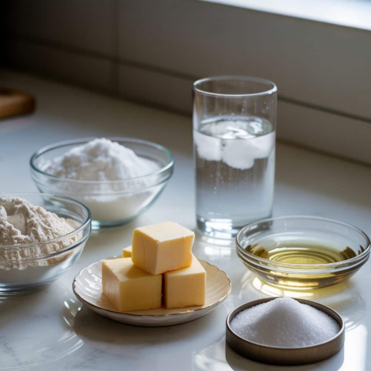 Flat lay of ingredients for flaky Crisco pie crust — flour, shortening, sugar, salt, ice water, and vinegar on a white kitchen table.