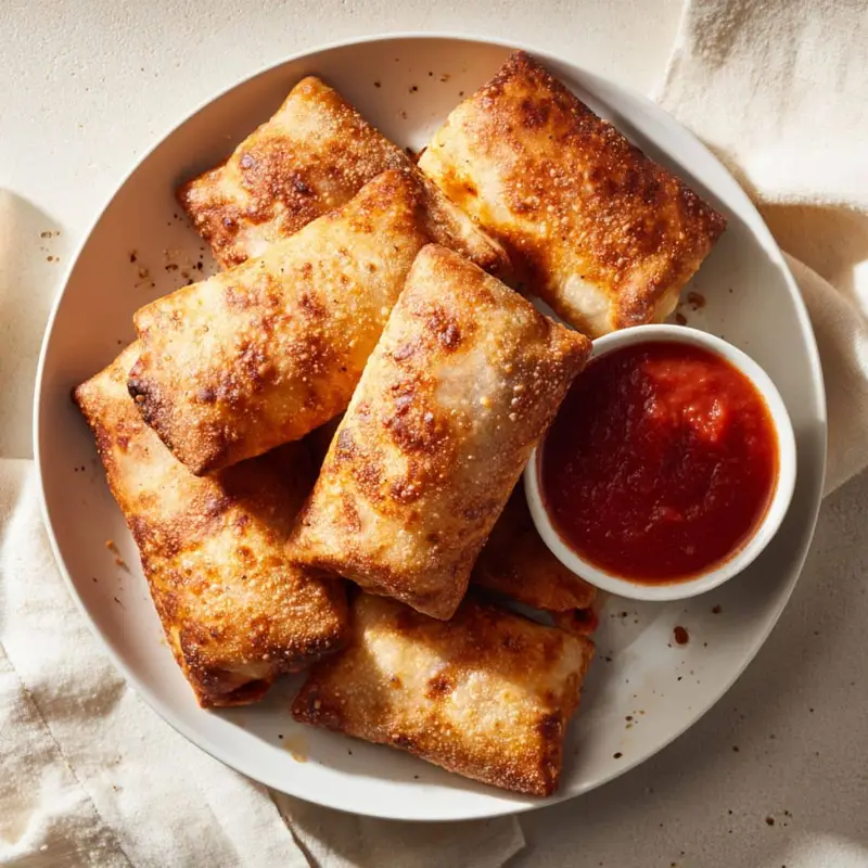 Crispy homemade Pizza Rolls in Air Fryer served with marinara sauce on a white counter