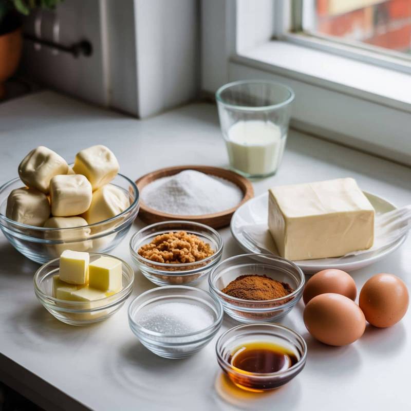 Flatlay of cruffin ingredients on white table: puff pastry, butter, sugar, cinnamon, eggs, flour, vanilla, cream cheese, milk